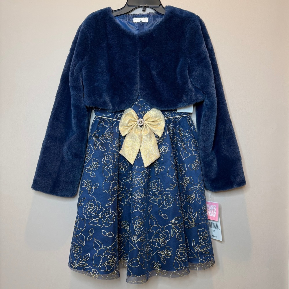 NWT Rare Editions Navy Gold Glitter Rose Dress Faux Fur Bolero Set Girls Size 14